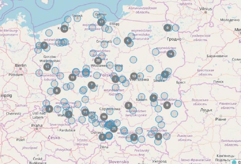 Mapa Polski z zaznaczonymi miejscami spotkań z RPO od 2015 r.