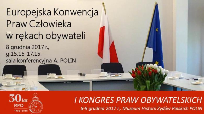 Mem ze zdjęciem sali konferencyjnej z flagami Polski i UE oraz bukietem białych i czerwonych tulipanów