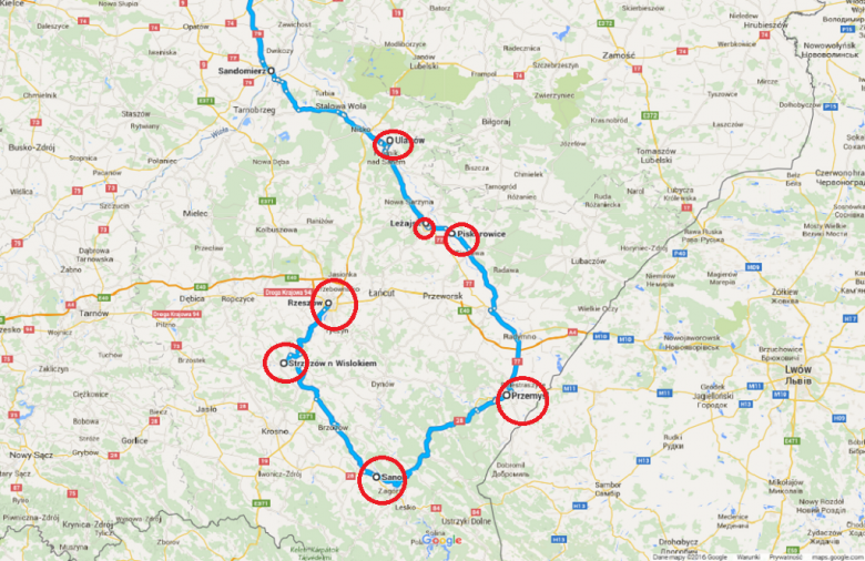 Mapa: zaznaczone miejsca odwiedzone przez RPO w czasie ostatniej podróży - Rzeszów, Strzyżów, Sanok, Przemyśl, Leżajsk i Ulanów