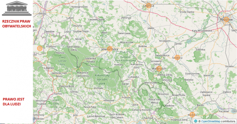 Mapa Dolnego Śląska z zaznaczeniem miejscowości, w których będą spotkania regionalne (patrz tekst)