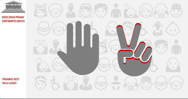 Grafika: otwarta dłoń i dłoń w znaku zwycięstwa V