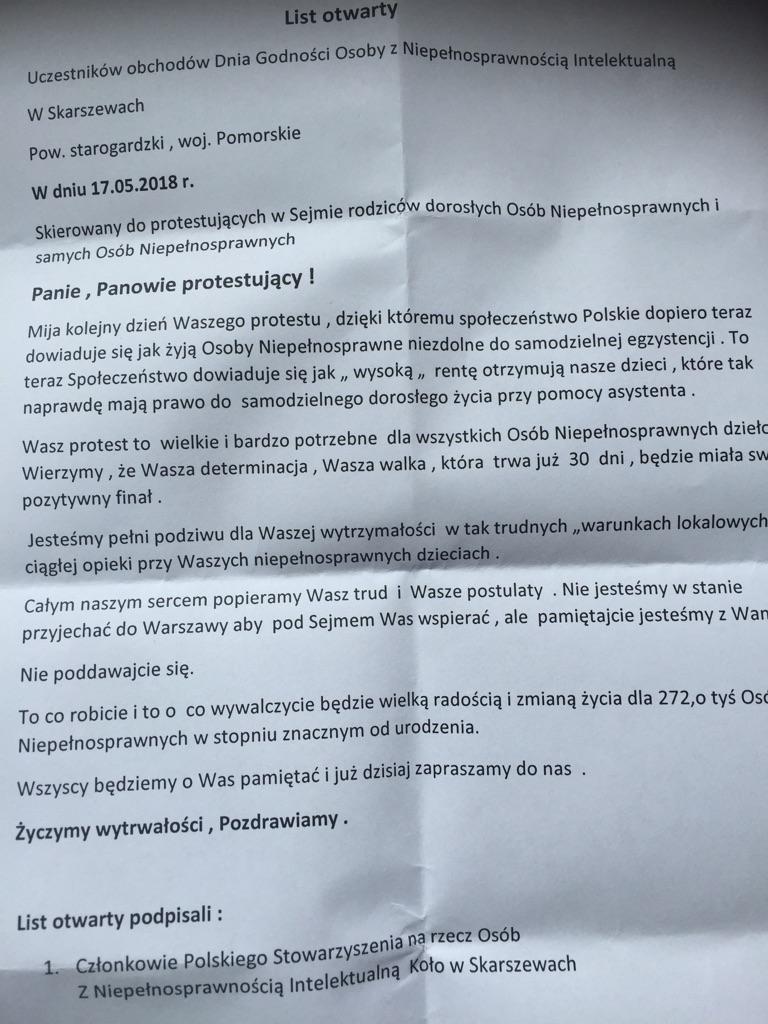 List otwarty skierowany do protestujących w Sejmie rodziców dorosłych osób niepełnosprawnych i samych niepełnosprawnych
