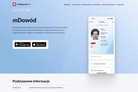 Zrzut ekranu ze strony mObywatelgov.pl zawierającej informacje o dokumencie mDowód, w tym, że służy on do potwierdzanie tożsamości za pomocą telefonu 
