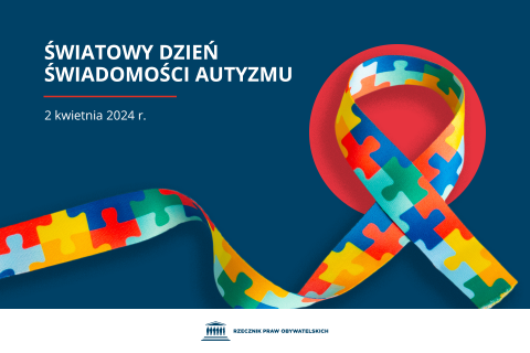 Plansza z tekstem "Światowy Dzień Świadomości Autyzmu - 2 kwietnia 2024 r." i ilustracją przedstawiającą wstążkę we wzór kolorowych puzzli